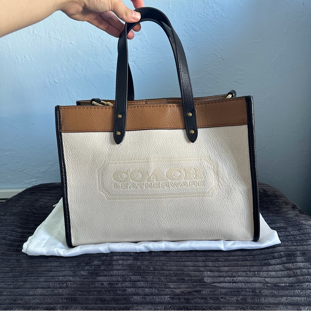 Coach Canvas & Leather Tote in Cream, Brown & Black